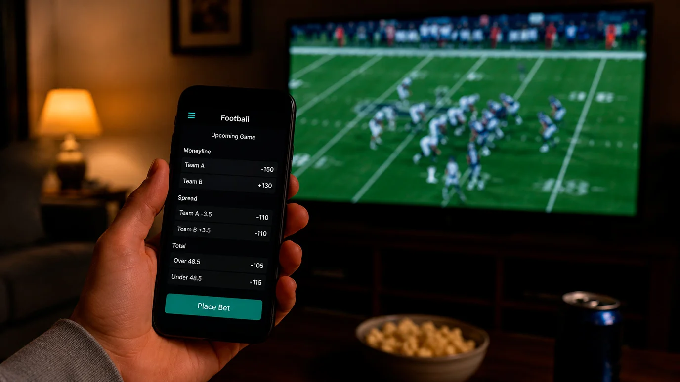 Person holding a smartphone displaying a live NFL game with a sports betting interface while watching the match on television
