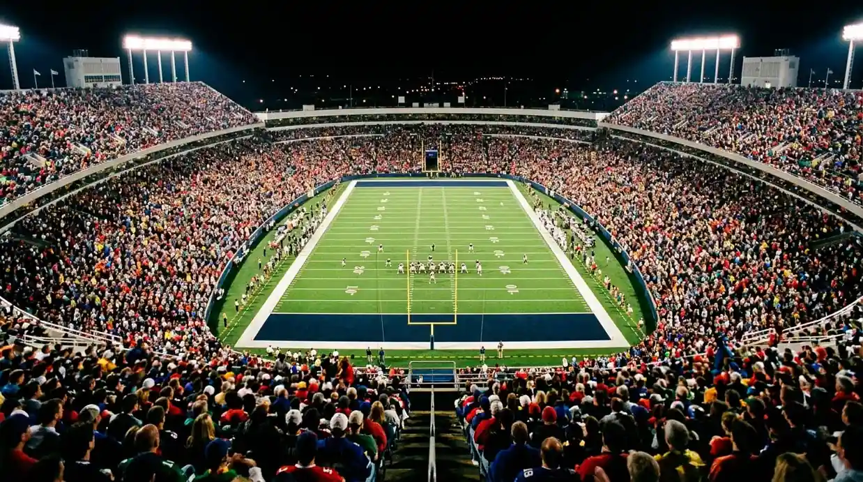 American football stadium packed with spectators during an NFL game under floodlights
