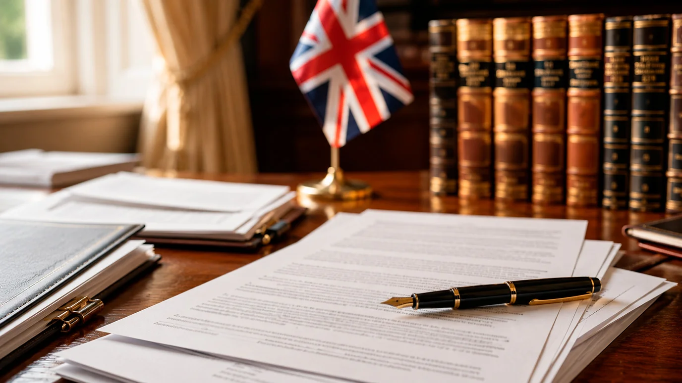 Close-up of official UK government documents and regulatory papers on a desk with a pen